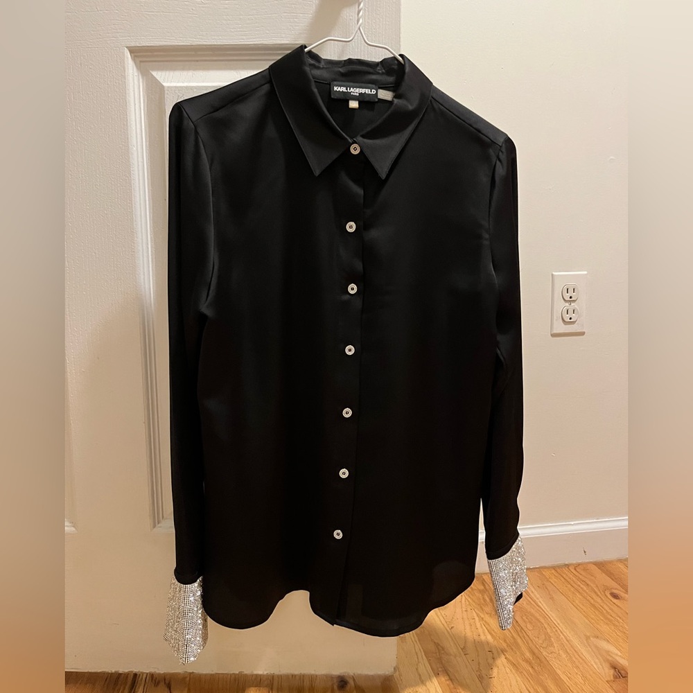 Karl Lagerfeld rhinestone Black womens Shirt with Silver Accents